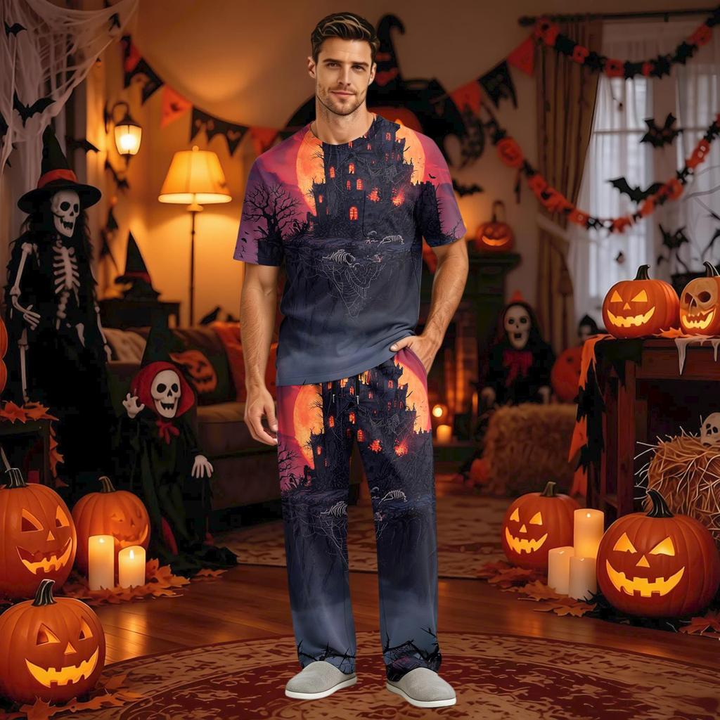 Men's Short Sleeve Pajama Set with Button Fly and Elastic Drawstring Waist - and Sleepwear