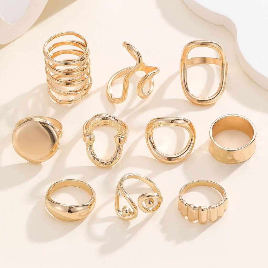 European & American Trendy Geometric Luxury 10-Piece Ring Set: Versatile and Elegant Hollow Design