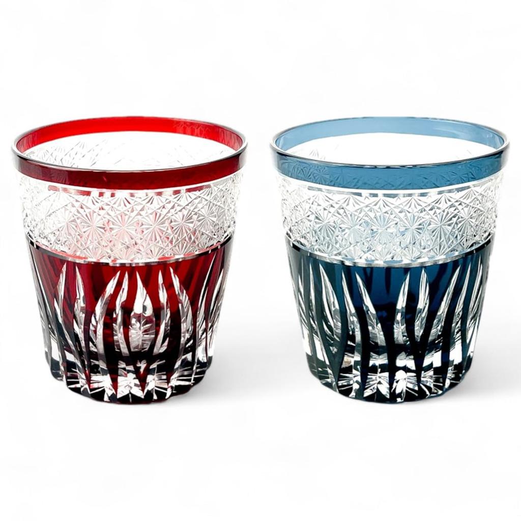 Mizukage Kiriko Pair of Glass Saika Red Ink Current Model J-kitchens Cups, 85xH90mm, 260cc, & Blue, Bisho,