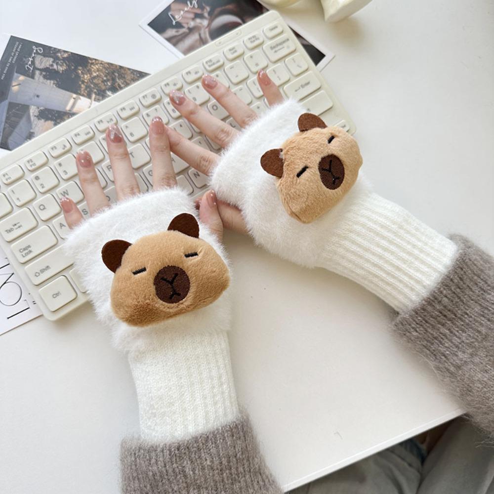 

Half Finger Plush Gloves Solid Color Winter Velvet Gloves Cute Women Mittens Ladies Style A-White