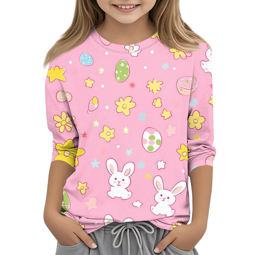 Children's Easter Printed Round Neck Seven Quarter Sleeve Casual T-shirt