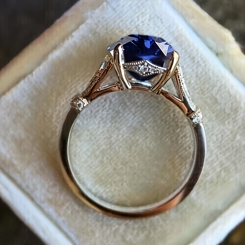 Fashionable Retro Forked Pattern Inlaid with Circular Blue Synthetic Zircon Ring Women's Banquet Party Jewelry Accessories Gift