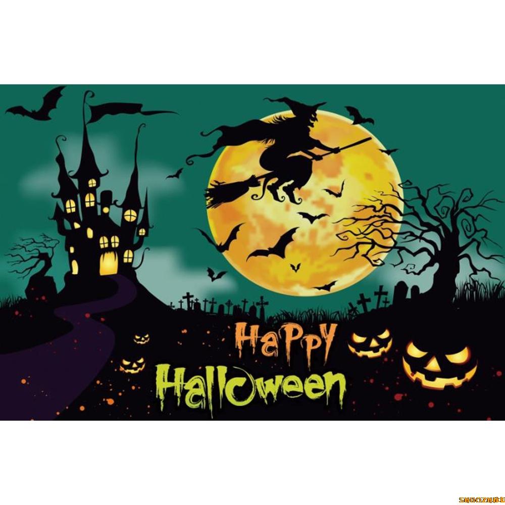 1pc Dark Halloween Party Backdrop Night Moon Witch Castle Pumpkin Bats Dustproof Banner for Halloween Themed Party Decoration