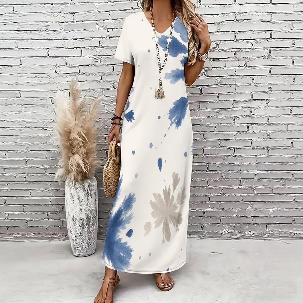 Women Plus Size V Neck Short Sleeve Abstract Floral Printed Long Dress