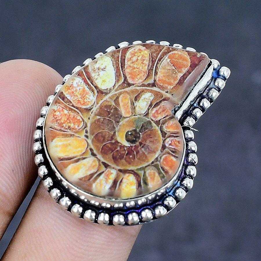 Natural Ammonite Fossil Gemstone 925 Sterling Silver Jewelry Ring Size 7 J3y71