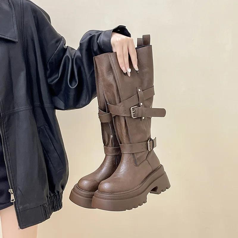 

New Fashion Platform Woman Knight High Boots Fashion Belt Buckle Thick Sole Shoes Ladies Slip on Modern Long Botas 35