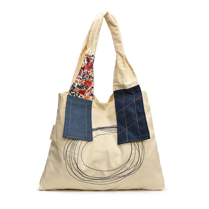 New canvas bag female student retro splicing shoulder bag large capacity shopping bag fashion tote bag