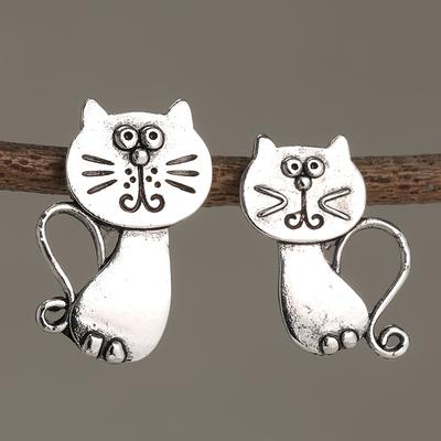 Cute Cartoon Cat Stud Earrings Zinc Alloy Silver Plated Ear Jewelry Boho Retro Style Animal Earrings For Women KTJ