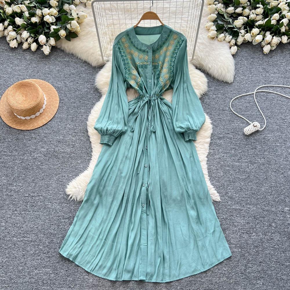 Damen Retro Stickerei Schwere Arbeit Taillengürtel Ein-Knopf Ele Langes Kleid