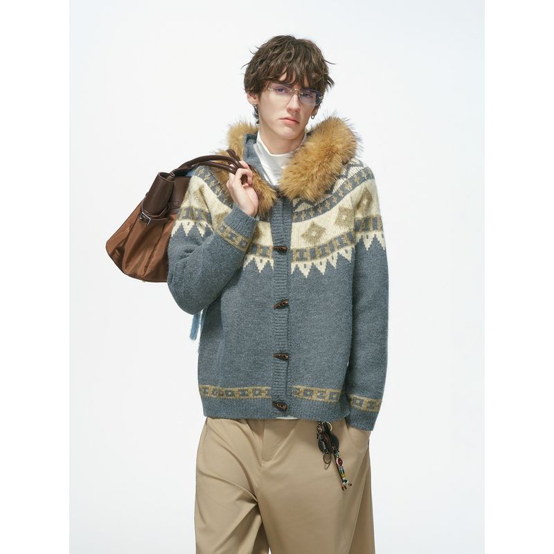 Dream Made Fur Collar Hooded Fair Isle Cardigan Sweater for Men, Autumn and Winter Thickened Couple Knitwear Jacket