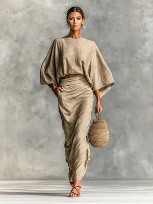 Ensemble jupe longue taille haute style européen pour femme et haut ample à col rond pour l'automne 2025