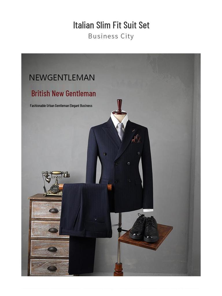 Men's Double-Breasted Striped Suit Set for Weddings & Business – Slim Fit Tuxedo & Formal Wear