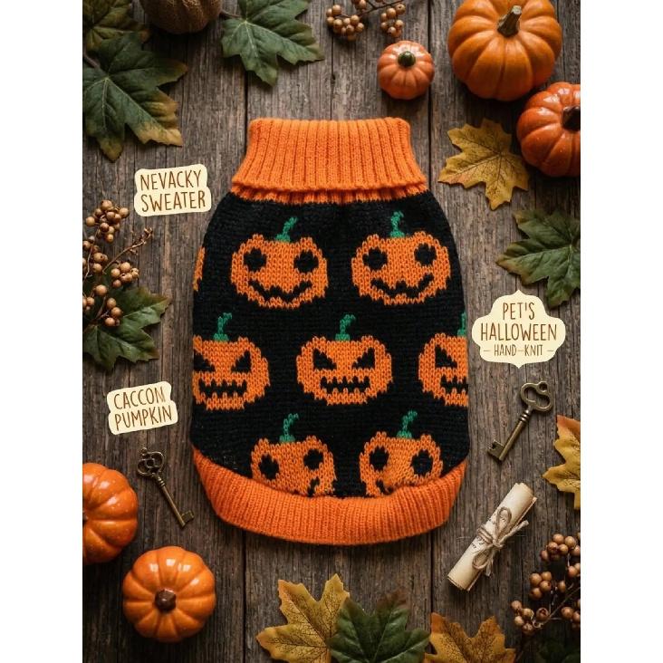 1pc Pumpkin Face Printed Pet Sweater Small And Medium Sized Dog Halloween Ghost Festival Color Blocked Warm Knitted Sweater Pet Clothing