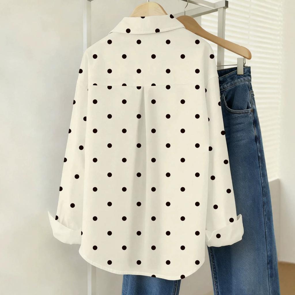 European and American New Polka Dot Fashion Temperament Long-sleeved Shirt, Lapel Retro Loose Casual Commuter Top