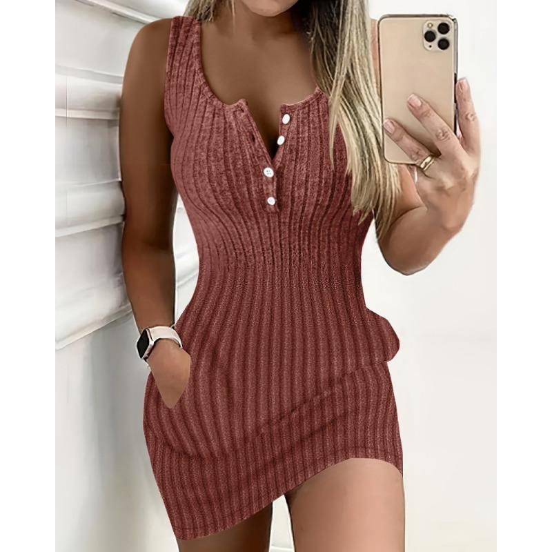 Knoflík přední s kapsou tílko šaty Elegantní bodycon šaty bez rukávů jaro léto dámské oblečení šaty