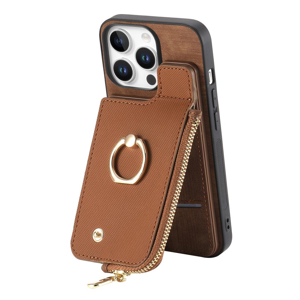 For iPhone 16 Pro Case Zipper Pocket Kickstand Leather Phone Back Cover