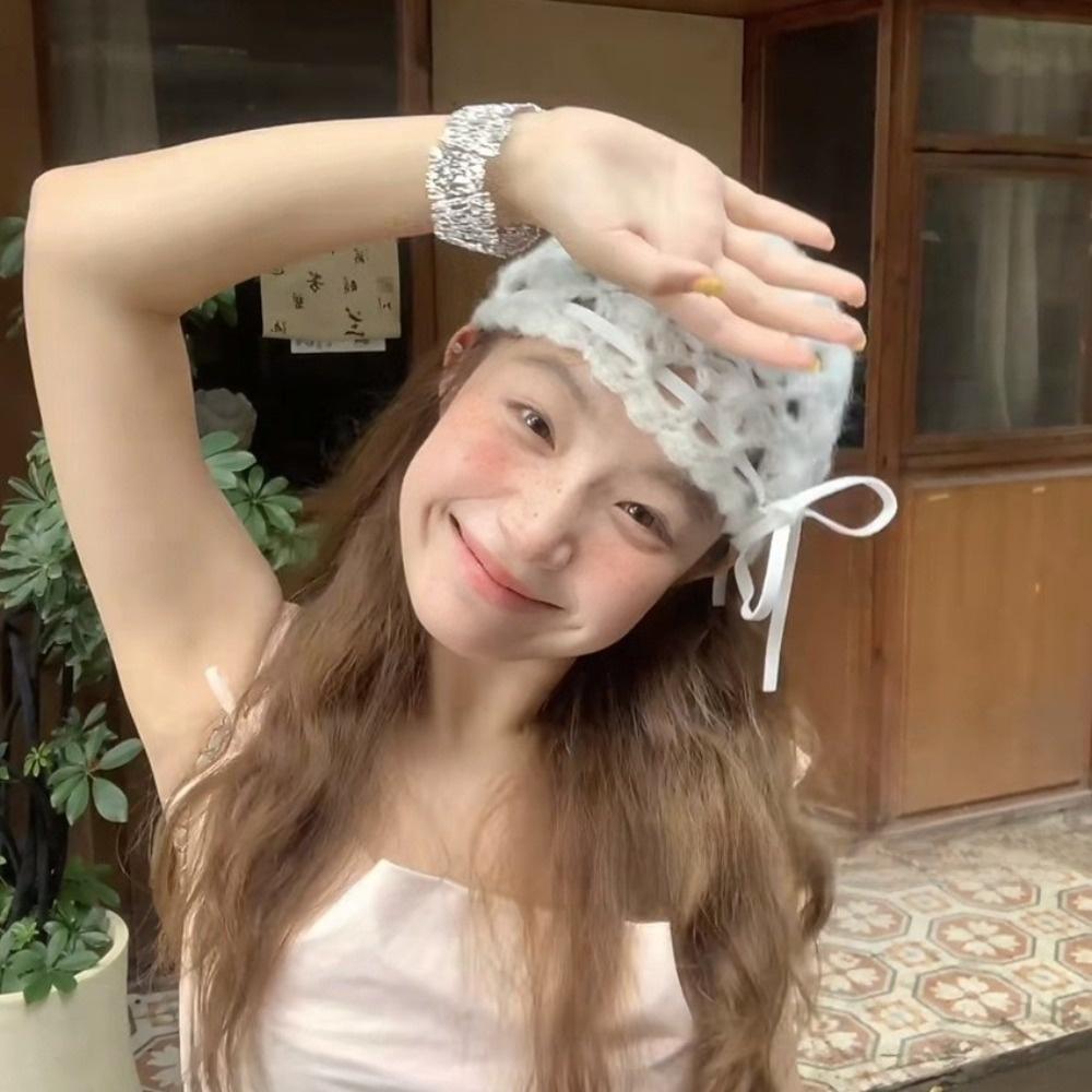 Strapped Knit Beanies Bow Ethnic Style Hat Sweet Weave Cap  Apparel Accessories