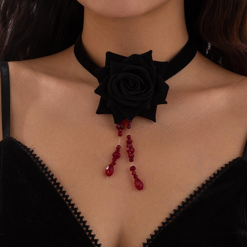 Sweet cool gothic fabric rose choker collar, niche blood drop pendant fringed necklace