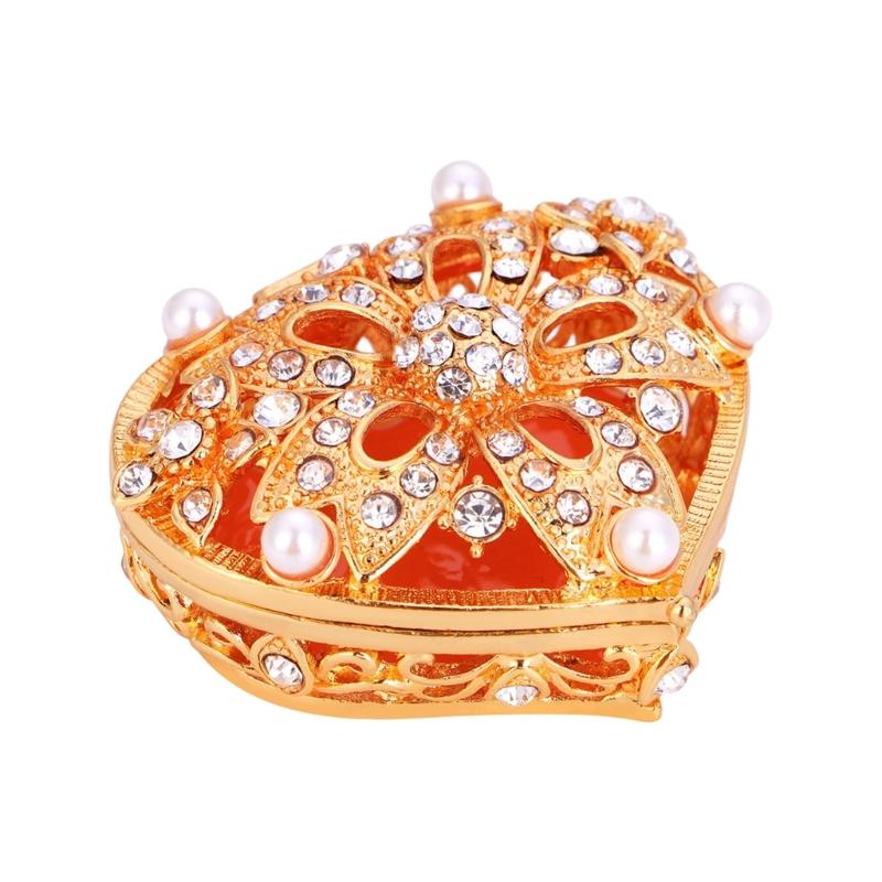 Romance Heart Shaped Metal Jewelry Storage Box Decorated With Diamonds And Pearls