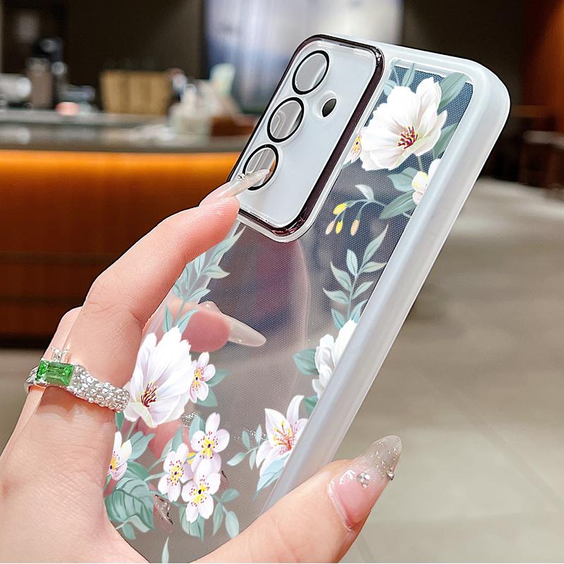Floral Print Clear Silicone Soft Phone Case For Samsung S25 Ultra S24 FE S23 Plus A56 A36 A16 A55 A15 Slim Shockproof Lens Film Protection Cover