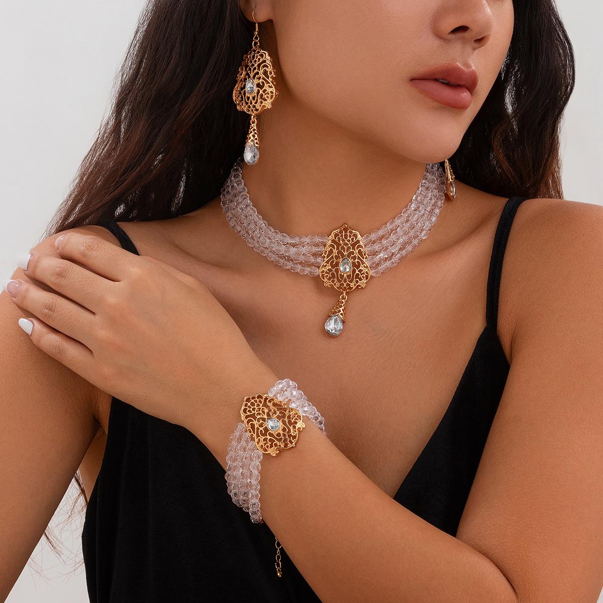 

SHIXIN 3Pcs Luxury Sparkling Crystal Choker Neckalce Drop Earrings Women Jewelry Set Bridal Neck Chain Bracelet Wedding Ornament