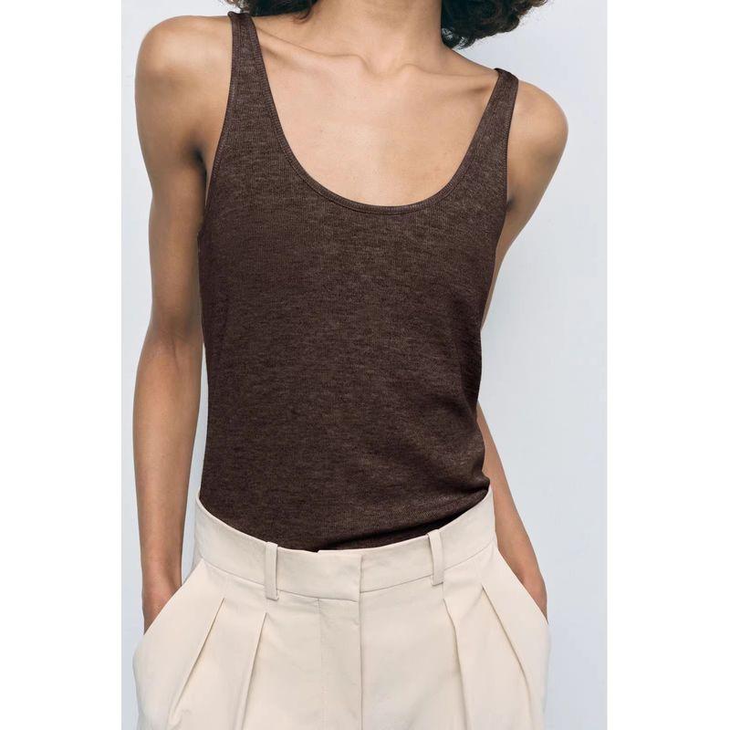 Brown French Style Knitted Women Clothes Shoulder Strap Cotton T-shirt Cami Sexy White Inner Wear Women Clothes U Collar