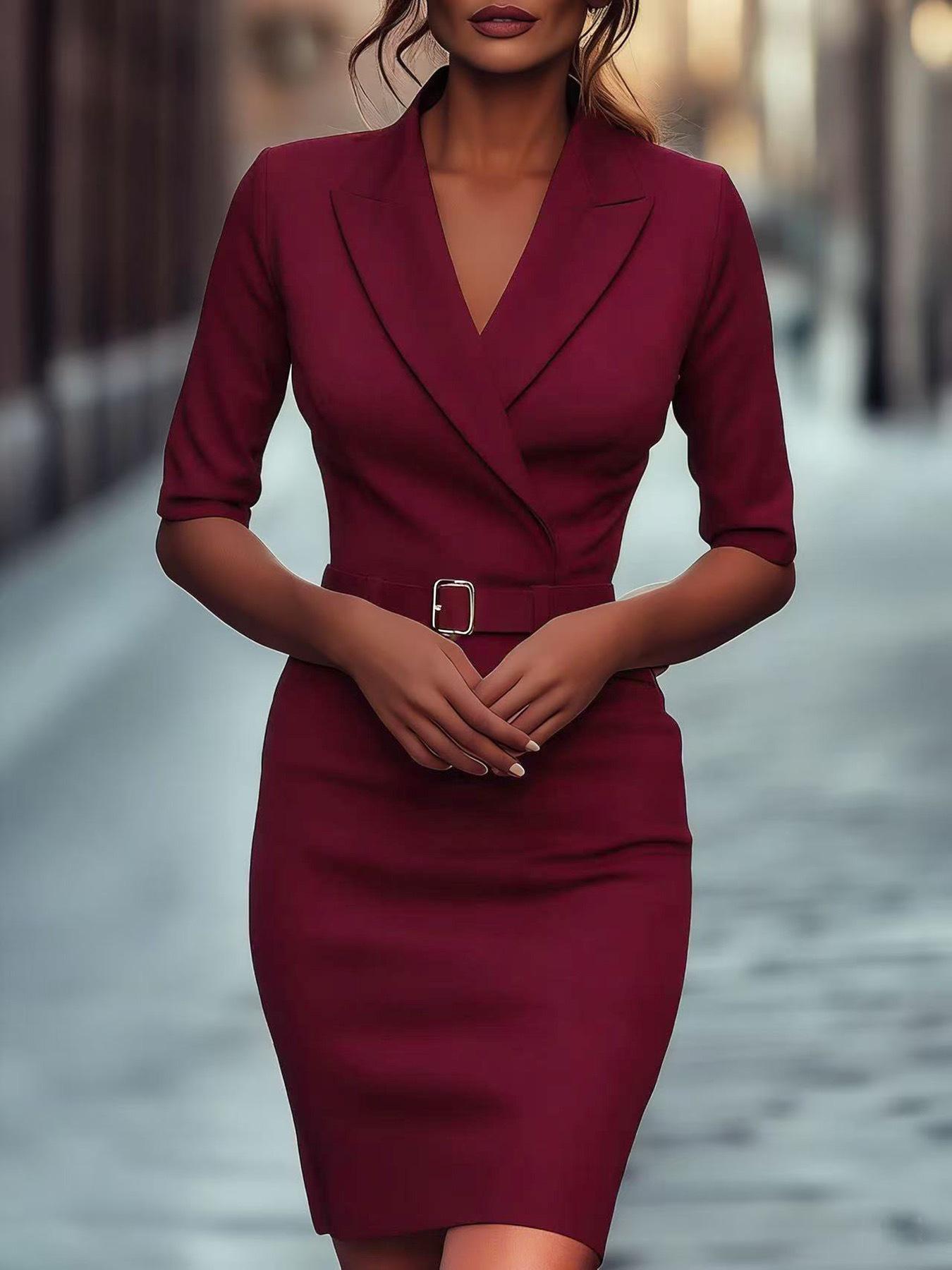 

European Fashion 2026 Elegant Tie-Up Waist Dress with Suit Collar M вино красного
