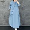 Women Turn Down Collar Loose Casual 3/4 Sleeve Long Dress