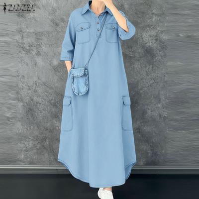 Women Turn Down Collar Loose Casual 3/4 Sleeve Long Dress