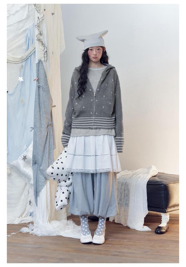 Simple Korean Polka Dot Jacquard Sweater - Women's Autumn/Winter Hooded Knit Top M31