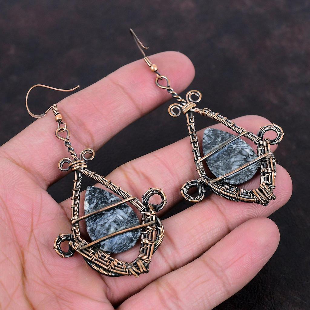 Brinco Pinolith Jasper Brincos Enrolados em Fio de Cobre Joias com Pedras Preciosas Brinco Elegante Feito à Mão Pinolith Jasper Joias de Cobre Presente de Casamento