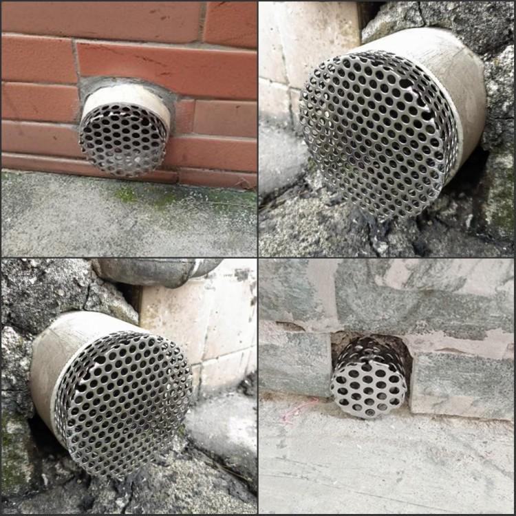 304 Stainless Steel Side Discharge Floor Drain with Anti-Rat Inner Plug, 110 PVC Pipe Outlet, Round Hole Design for Rooftop Applications.