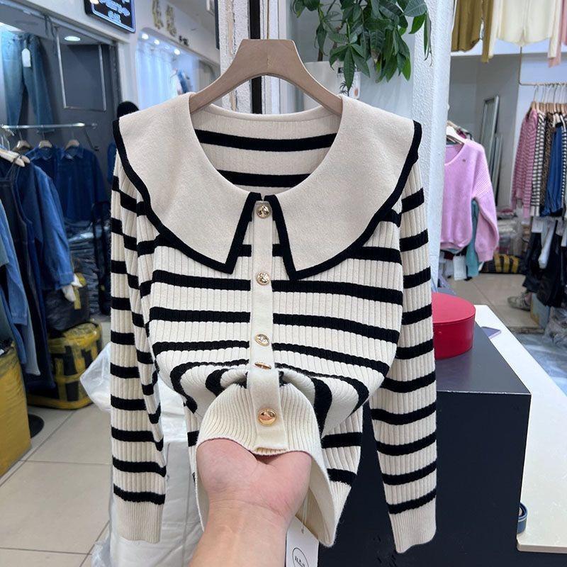 Doll collar striped knitted women's autumn and winter gentle small age-reducing temperament beautiful backing top
