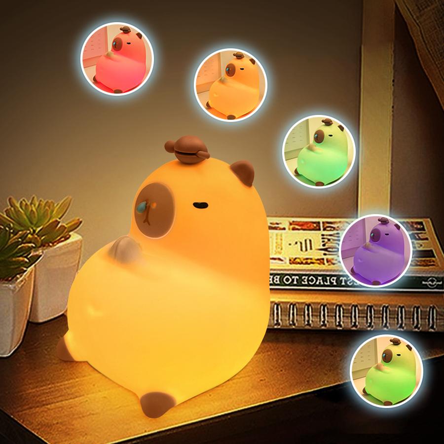 USB Rechargeable Cute Cartoon Capybara Silicone Night Light Timing Dimming Bedside Sleep Night Lamp for Room Decor Children Gift