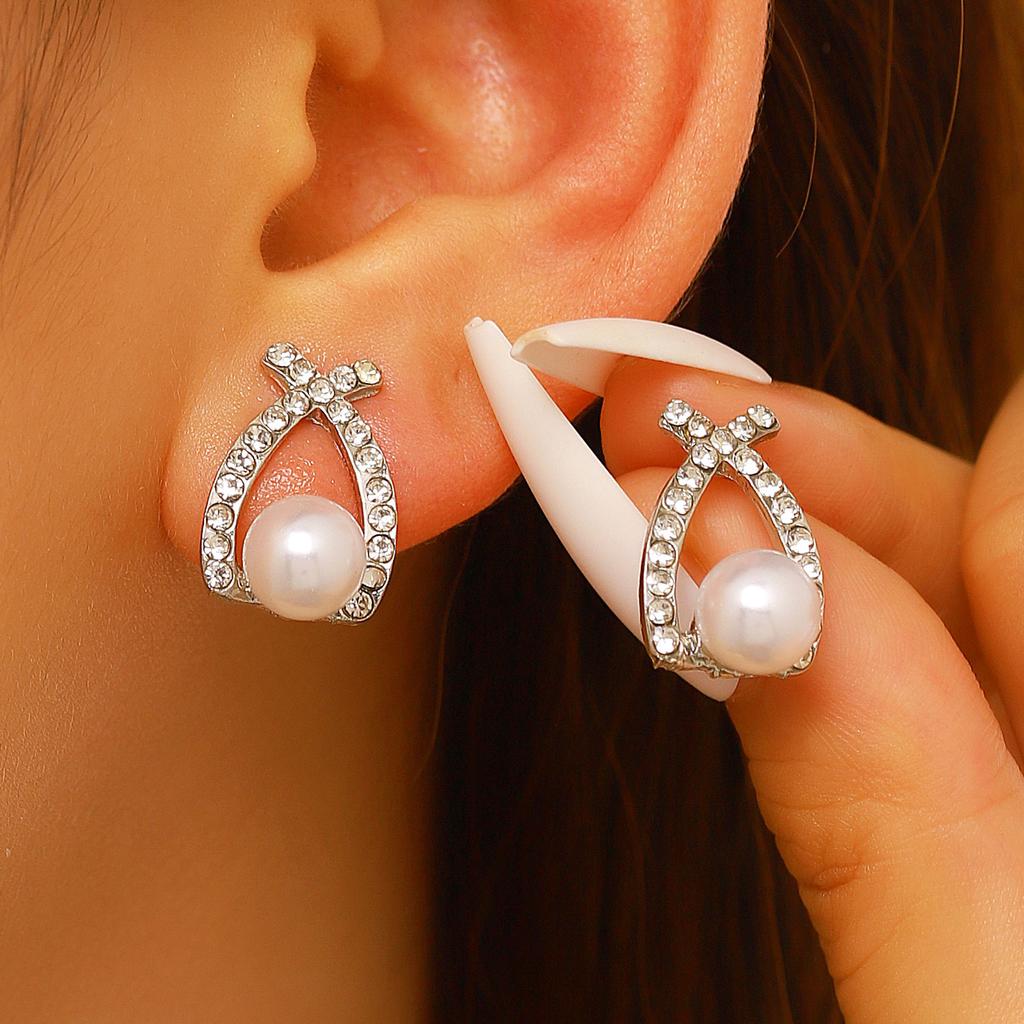 Pearl Teardrop Stud Earrings Sparkling Pave Setting Jewelry