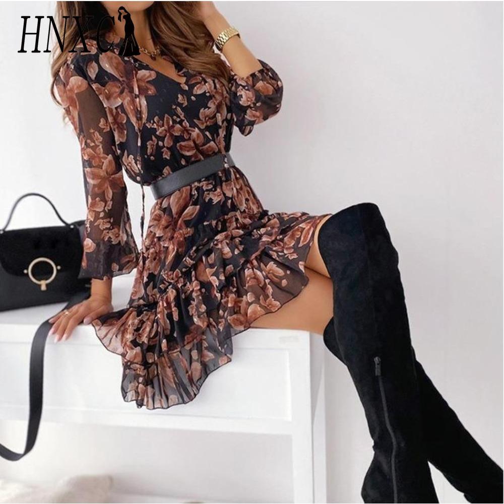 HNXC Women Summer Chiffon Floral Print V Neck Long Sleeve Slim Fit Flouncing Dress