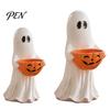 Trick or Treat Dessert Holder Resin Ghost Statue with Pumpkin Candy Bowl, Cute Figurine, Multi Functional Storage Figure for Front Porch Yard