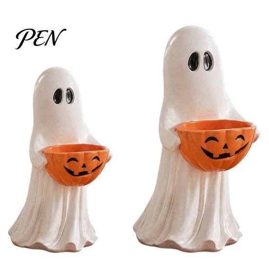 Trick or Treat Dessert Holder Resin Ghost Statue with Pumpkin Candy Bowl, Cute Figurine, Multi Functional Storage Figure for Front Porch Yard