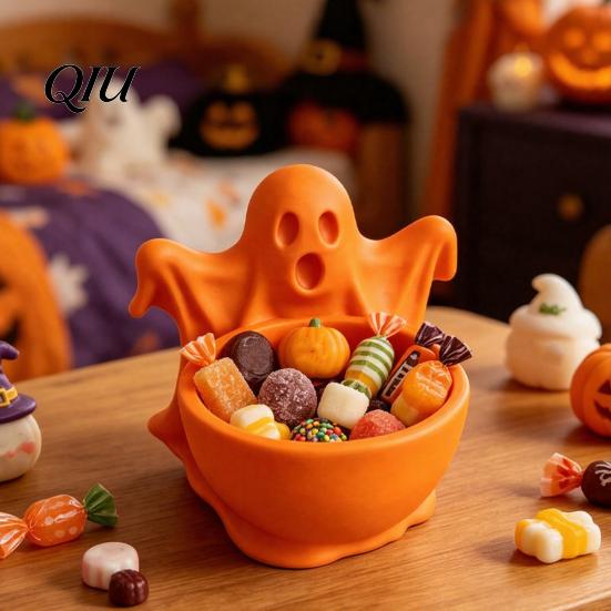 3D Printed Home Decor Ghost Candy Bowl for Halloween Party Decorations, Multi-functional Desktop Storage Small Container Trinkets Organizer & Sweets,