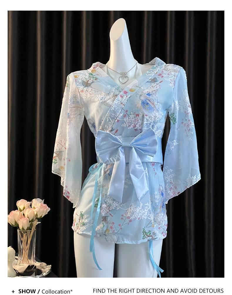 Elegant Japanese Chiffon Kimono Nightgown with Bow Embroidery