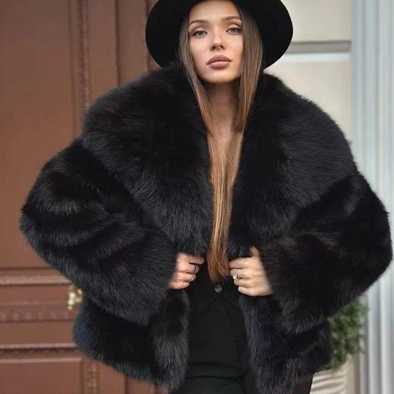 Women Flip Collar Plush Coat Fluffy Faux Fur Luxury Style Loose Warm Solid Color Short Jacket Fashion Outerwear Autumn Winter