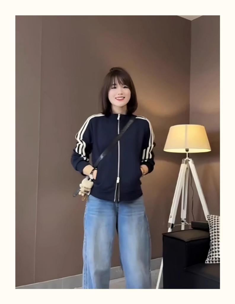 Damen Koreanischer Stil Drei-Streifen Zip-Up Hoodie - Frühjahr 2025 Kollektion, Kleine Größe Lässige Strickjacke