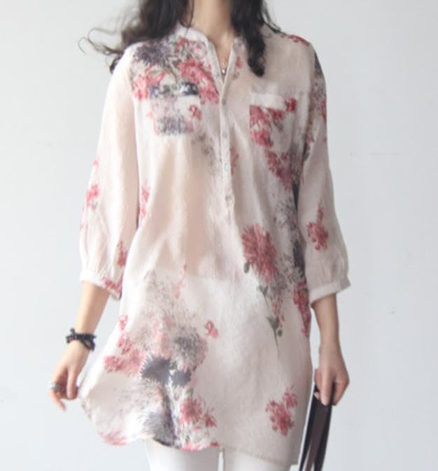 Pretty floral pattern sleeve pullover cute and stylish band pocketed summer fashion pink [aspersio] 3/4 tunic, mature, top, women's shirt, long,