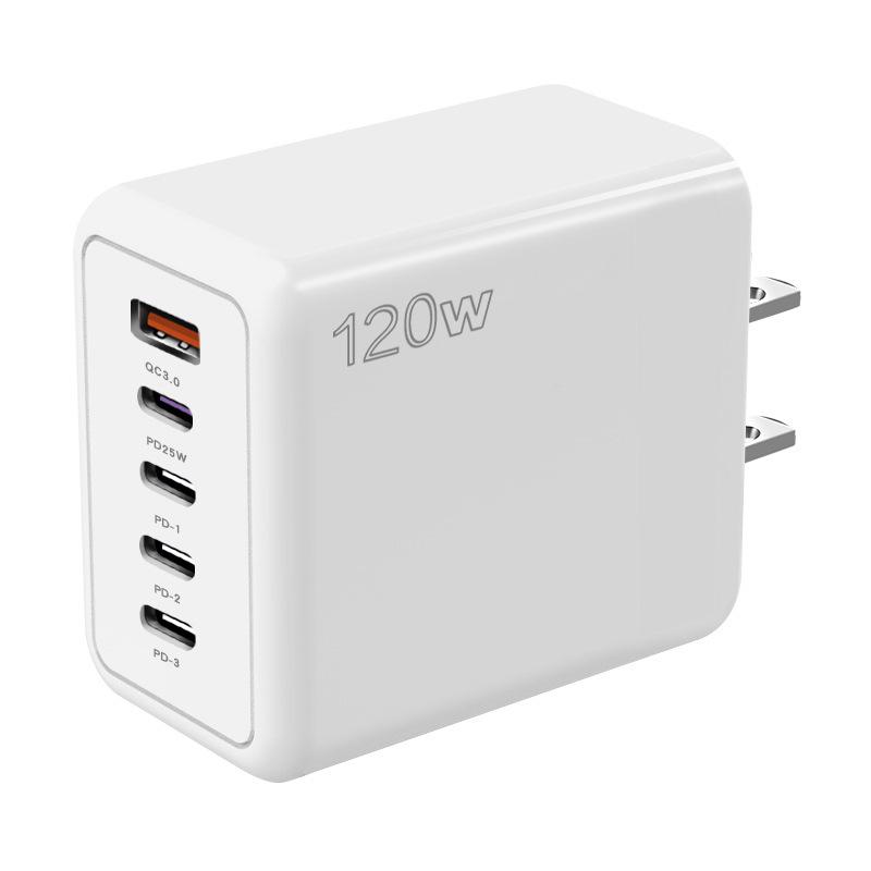 120W Multi-Port Fast Charger - 4 Ports + USB, Compatible with Xiaomi, Apple, Type-C; EU, US, UK Standards