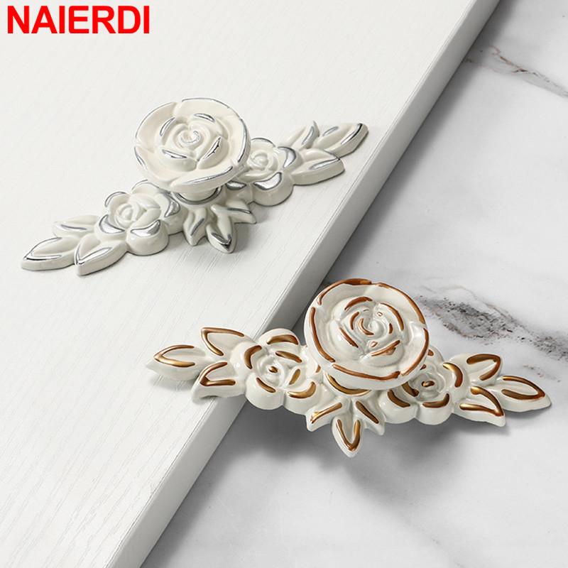 NAIERDI White Rose Flower Kitchen Cabinet Handles European Zinc Alloy Bronze Door Handles Drawer Knobs Furniture Hardware