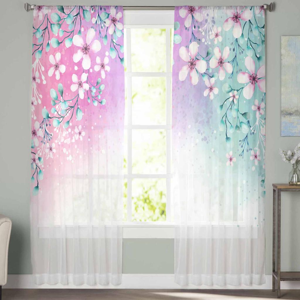 Plant Color Floral Watercolor Natural Bedroom Curtains Tulle Sheer Curtain Living Room Home Decor Voile Drapes