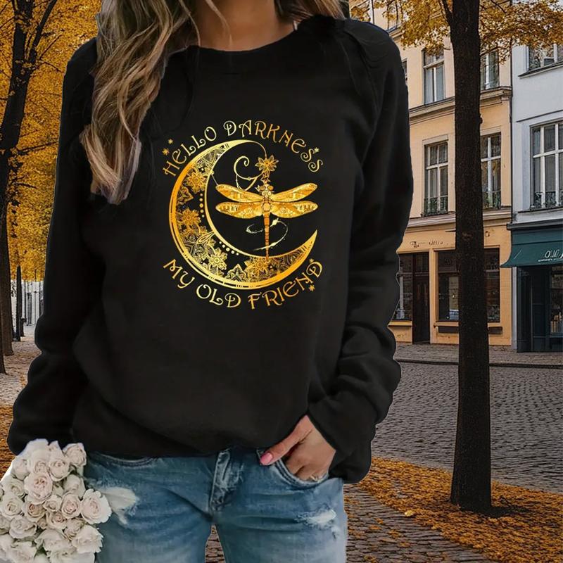 Осенне-весенняя одежда с принтом «Золотая луна и стрекоза», топы-свитера для женщин с круглым вырезом и длинным рукавом XS чёрный