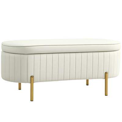 Banc cu spațiu de depozitare și capac rabatabil, Husa din material textil, Metal, Alb Crem+Auriu