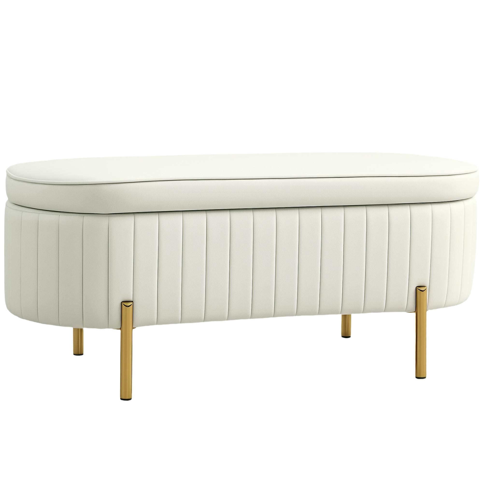 Banc cu spațiu de depozitare și capac rabatabil, Husa din material textil, Metal, Alb Crem+Auriu 108 x 44 x 43.5 cm crem