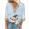 Women's Loose Casual Three-quarter Sleeve V-neck Lace Loose Christmas Print T-shirt Top